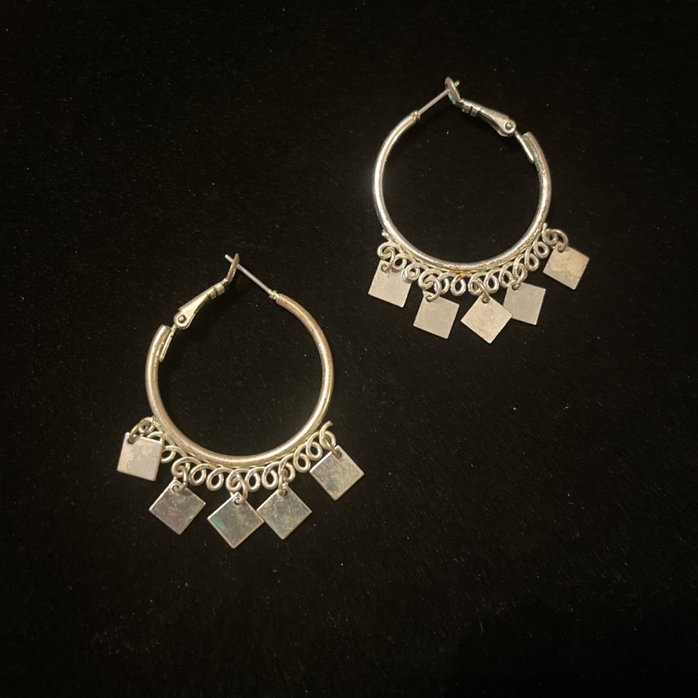 Silver Tone Square Hoops With Dangling Square Cha… - image 2